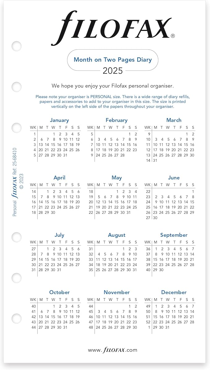 Filofax Calendar Diary Refill, Personal/Compact Size, Month-to-View, White Paper, English, 2025 (C68410-25)