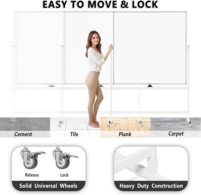 Large Rolling Whiteboard on Wheels, 48" x 48" Double-Sided Mobile White Board with Stand, 4' x 4' Portable Standing Magnetic Dry Erase Board Easel for Home Office Classroom School, Silver