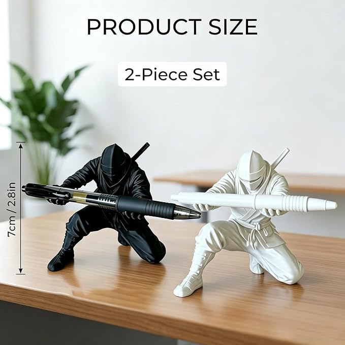 2 PCS Ninja Pen Holder for Desk, Black and White Samurai Pen Holder Desktop Decor, Unique Ninja Warrior Accessories & Desk Organizer for Office Supplies