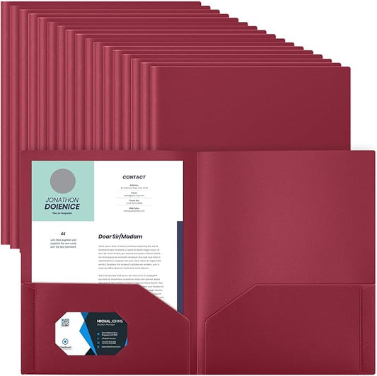 Gueevin 100 Pack Plastic Folder with Pockets, 2 Pocket Folders, Plastic Glossy Folders Fit Letter Size Paper, Heavy Duty Durable File Folder with Business Card for Home Office School (Dark Red)