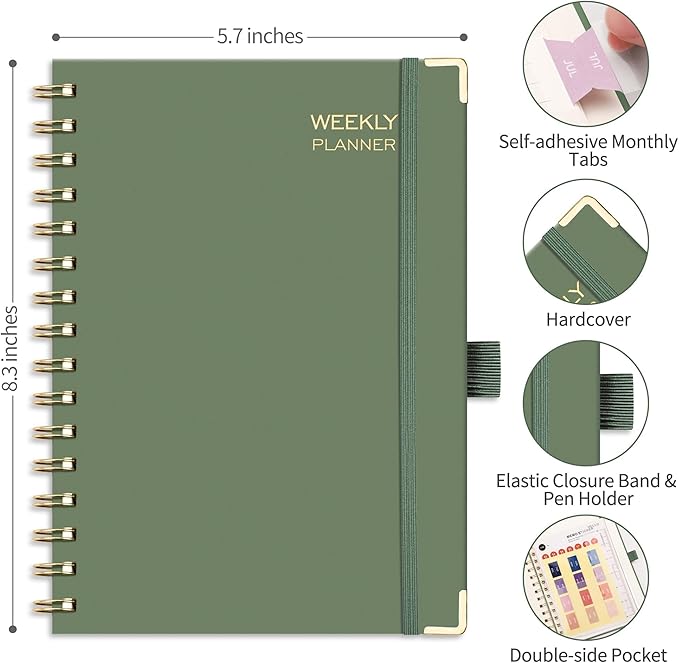 RETTACY Undated Planner, Weekly and Monthly, 53 Weeks and 12 Months, Medium Size (5.7" x 8.3"), 24 Self-adhesive Monthly Tabs, Hardcover, 100 GSM Thick Paper, Spiral-bound (Light Green)