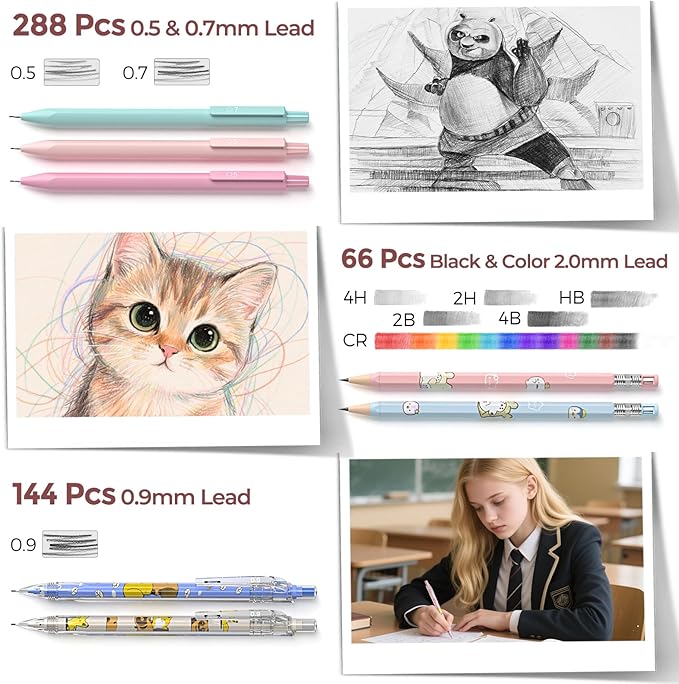 Nicpro 45PCS Aesthetic School Supplies with Pink Pen Case, Pastel Mechanical Pencils 0.5, 0.7, 0.9, 2mm with 462 PCS Lead Refills(4B 2B HB 2H 4H COLORS) Erasers For Student Writing Drawing