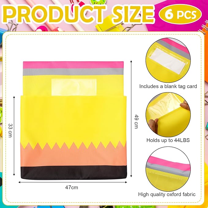 12 Pack Pencil Chair Pockets for Classroom 18.5'' x 19'' Preschool Seat Pockets Kindergarten Pencil Classroom Decor Elementary Back to School Teacher Chair Storage Organizer with Name Slot