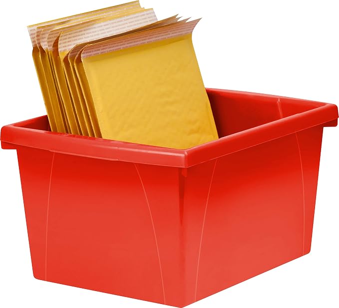 Storex 4 Gallon Storage Bin – Plastic Classroom Organizer for Books and Supplies, Red, 6-Pack (61452C06C)