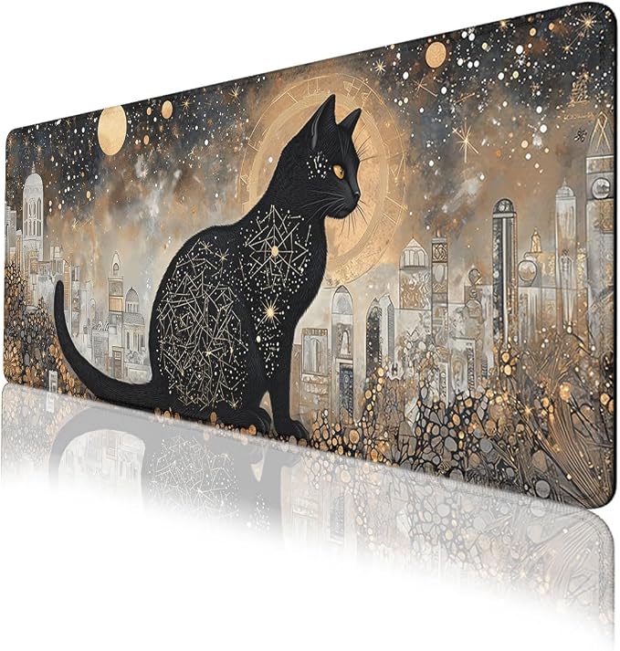 Galaxy Cat Desk Mat Gaming Mouse Pad Mystic Night Celestial Art Extended Gaming Mousepad Mat with Stitched Edge Non-Slip Base Big Mousepad Office Home Decor for Women Girl 31.5"x11.8"