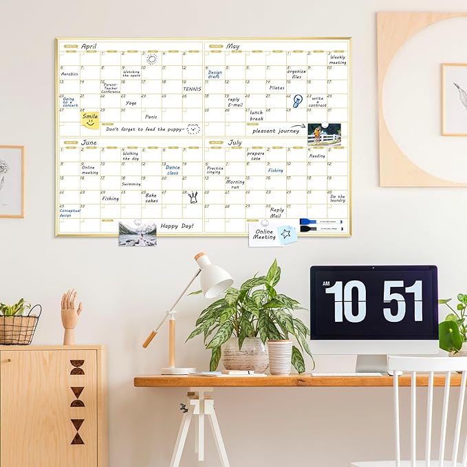 ARCOBIS Magnetic Calendar Whiteboard 36" x 24", 4 Months Dry Erase Calendar for Wall, Gold Frame White Board for Office, Home, School