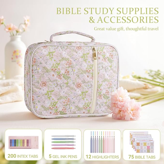 Bible Cover Case for Women Large Quilted Bible Carrying Bag with Handles Bible Study Supplies & Accessories Christian Gifts for Women(Jungle Flowers, M)