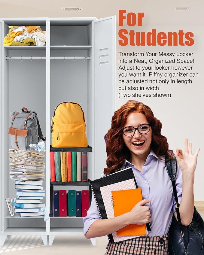 Piffny Locker Organizer Shelf, Adjustable Width and Height, Stackable, 2 Pack, Ideal Locker Shelf for School, Office, Gym Lockers, or Even Kitchen Cabinets & Under Sink Organization (Black)