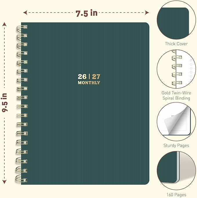 Sweetzer & Orange 2026-2027 Monthly Planner Notebook – 7.5" x 9.5" Two-Year Calendar Planner – January 2026 to December 2027 – Clean Monthly Layout, Sturdy 120gsm Paper, Gold Spiral Binding
