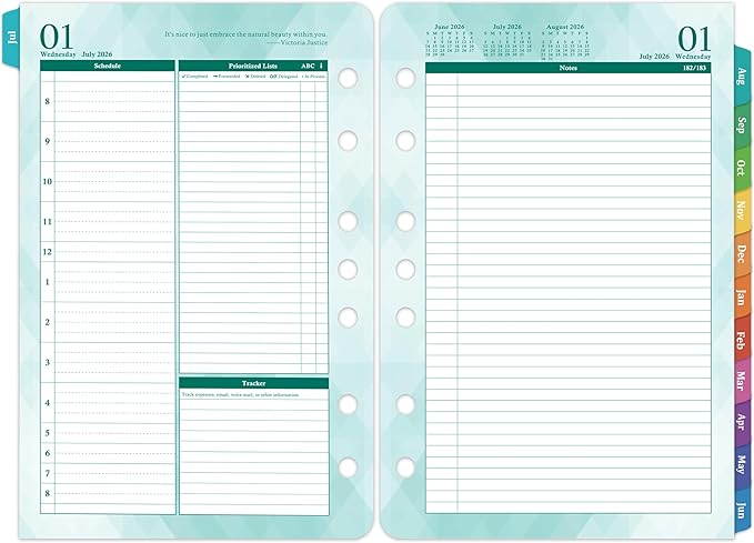 2026-2027 Planner Refills – Jul.2026 - Jun.2027, Two Pages Per Day Daily ＆ Monthly Planner, 5.5" x 8.4" Ring-Bound Organizer, Tabs, Quotes, Prioritized Task, Daily Tracker/Notes, Appointment Schedule