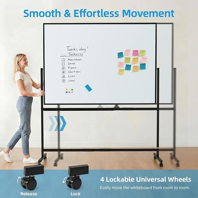 VOWNER Double-Sided Magnetic Whiteboard, 60" x 48" Mobile Dry Erase Board, Reversible Rolling White Board with Aluminum Frame & Stand, for Home Office, Classroom, School, Black