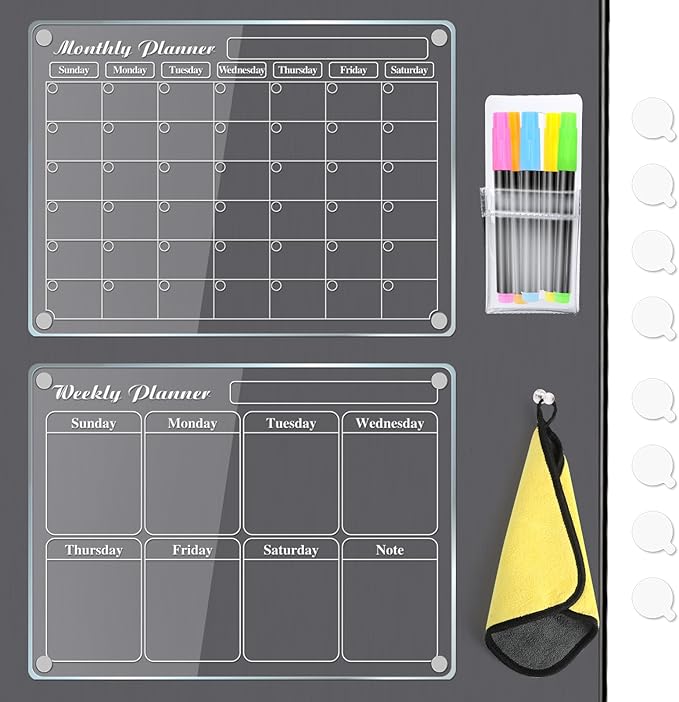 MIKEDE 2 Pack Acrylic Magnetic Calendar for Fridge, 15.2"x11.2" Reusable Dry Erase Magnetic Board with 6 Color Highlight Markers, Monthly and Weekly Planner with Strong Fridge Magnets for Refrigerator