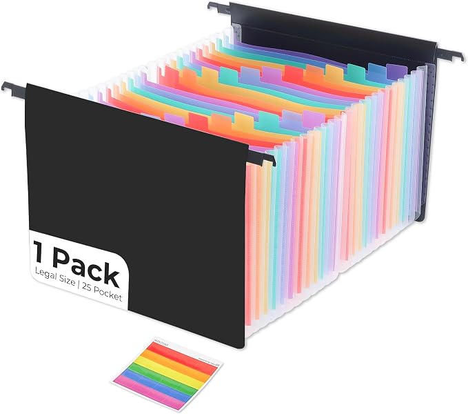 Y YOMA Plastic Expanding Hanging File Folders, 25 Innovative 1.2" Accordian Pockets, Extra Capacity, Legal Size Heavy Duty Filing Cabinet Folders - 1 Pack, Black