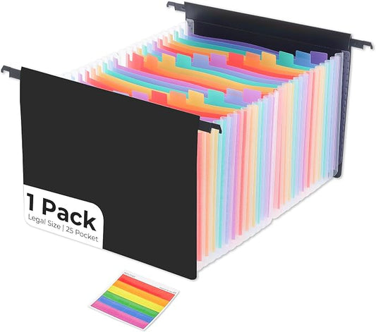 Y YOMA Plastic Expanding Hanging File Folders, 25 Innovative 1.2" Accordian Pockets, Extra Capacity, Legal Size Heavy Duty Filing Cabinet Folders - 1 Pack, Black
