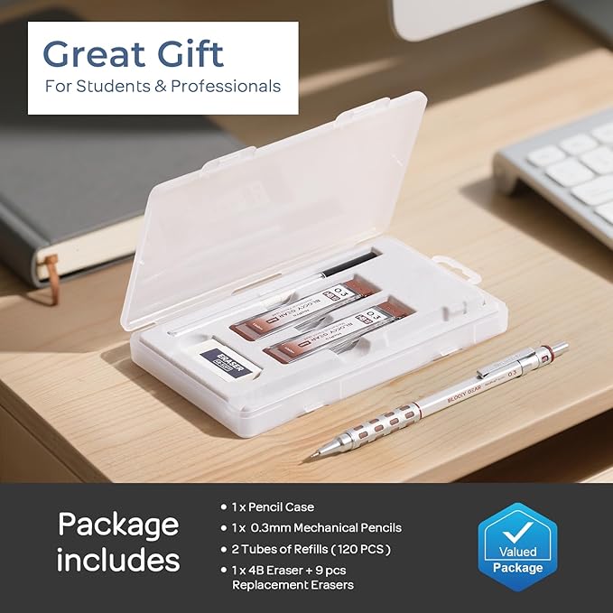 Nicpro Blocky Gear 0.3 mm Mechanical Pencils Set in Case, Metal Pencil with 120 PCS Lead Refills, Eraser for Professional & Adult Art Writing Drafting Drawing