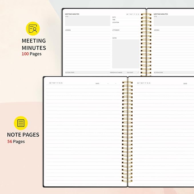 SUNEE Meeting Notebook for Work with Sticky Tabs - 160 Pages, B5 Size Project Planner, Spiral Meeting Agenda/Minutes Notebook Organizer for Women Men, Note Taking, Office & Business, 7"x10", Black