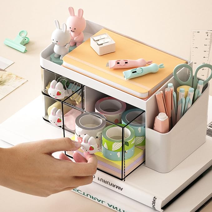 Desk Organizer with Pencil Holder and 3 Drawers, Desk Accessories Holder for Desk, Desktop Stationery Organizer for Office Home School Dressing Table(Rabbit Handle)