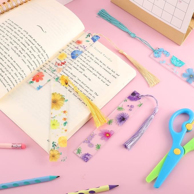 20Pcs Flower Resin Bookmark Transparent Floral Bookmarks for Women Cute Bookmarks Flower Page Marker with Tassels Graduation Gifts for Women