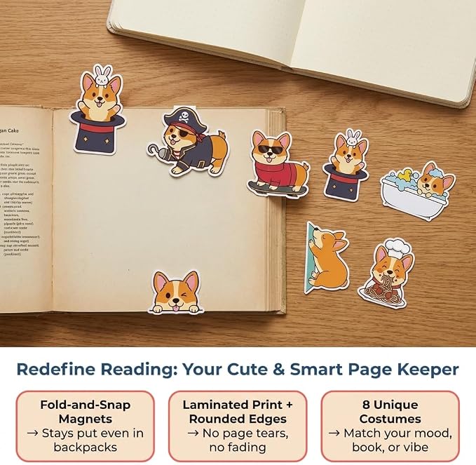 Corgi Peeking Magnetic Bookmarks Set of 8, Cute Dog Bookmark Clips with Funny Costume Designs, Magnetic Book Marks for Books, Planner & Journals, Gifts for Dog Lovers Women, Corgi Gifts