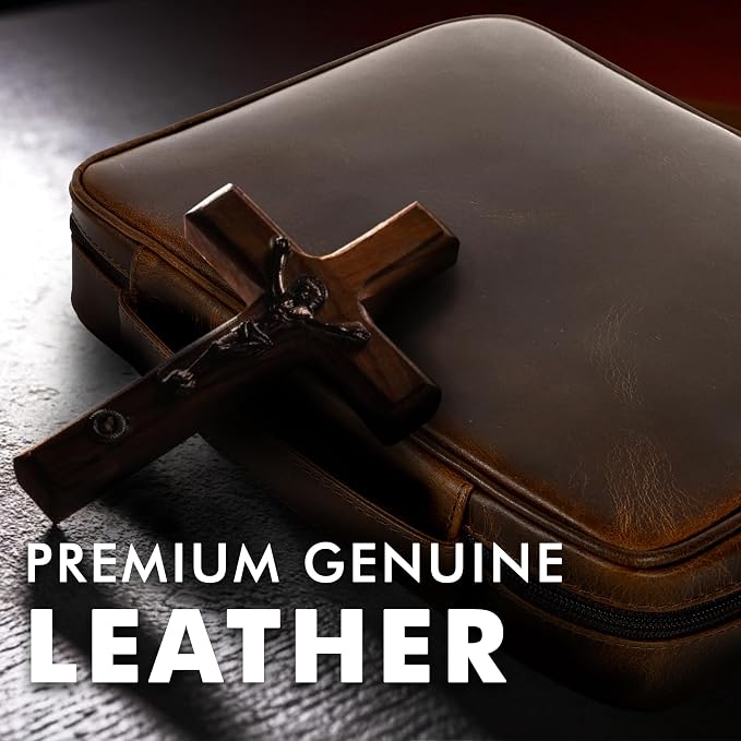 ELIZO Leather Bible Cover for Men Bible Case for Women Zippered Holder Protector Cross Church Tote Bag Carrying Organizer Sleeve Gift Study Antique