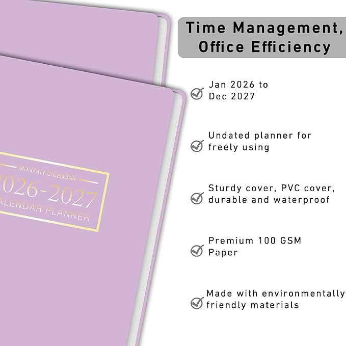 Monthly Planner Jan 2026 - Dec 2027, Monthly Planner for 24 Monthes, 9×11 Inch, Teacher Monthlys, Hard PVC Cover, Spiral Bound, Time Management Calendar, Perfect for School & Office (Purple)