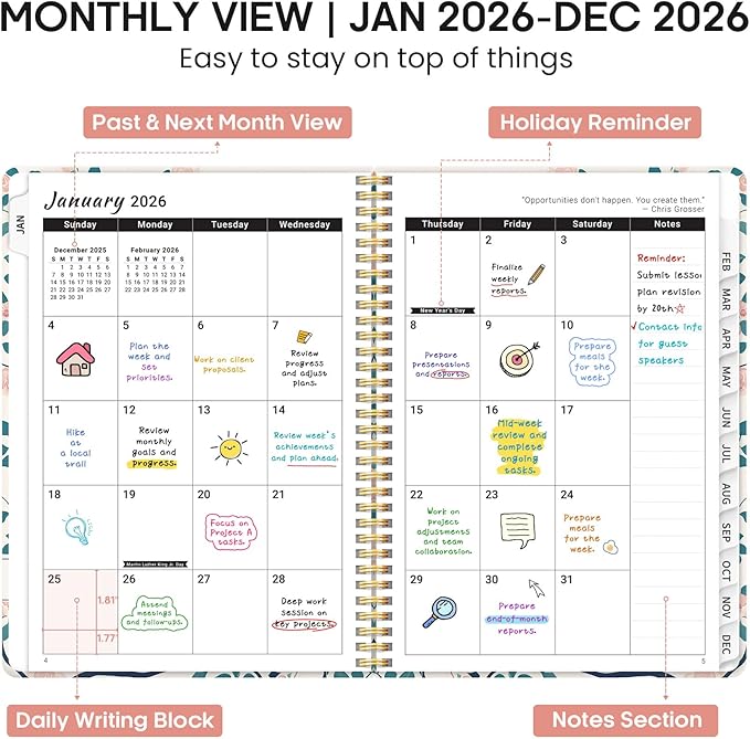2026 Planner, Weekly and Monthly Calendar Planner Book, January 2026 - December 2026, Hardcover Spiral Planner with Monthly Tabs, Notes Pages, Perfect for Women & Men, A4 (8.5" x 11") - Peacock