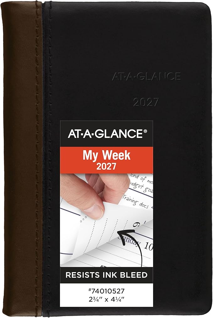 AT-A-GLANCE 2027 Planner, Weekly & Monthly, 2.75" x 4.25", Pocket Size Fine Diary, Faux Leather Hardcover, Black Brown (74010527)