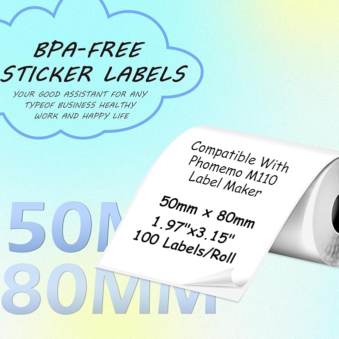 Thermal Labels Compatible with Phomemo M100/M110/M150/M221/M220/M120/M200/M250 Label Printer,1.97''x3.15''(50x80mm), 100 Labels/Roll, Black on White
