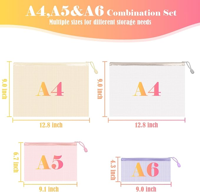 BAYTORY 18Pcs Mesh Zipper Pouch Bags, Clear Waterproof Document Bag, Assorted Color File Pockets, Large Capacity Plastic File Jackets, Multipurpose for Travel School Office and Home (Colorful)