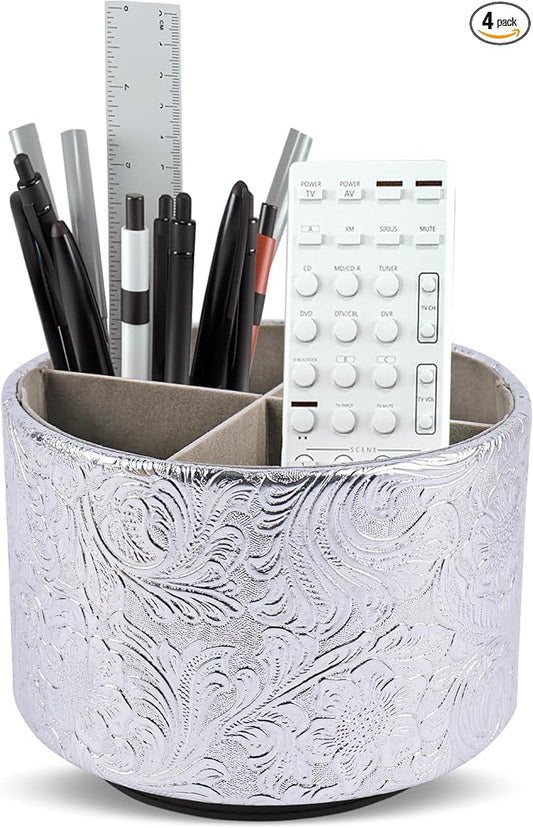 lizimandu Round Leather Art Supply Organizer,Remote Control Holder,360 Degree Spinning,Multi-Functional Pencil Holder,4 Compartments Desktop Stationary Organizer(1-Carved Silver)