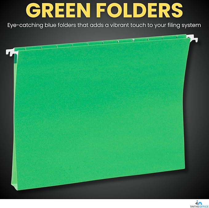 1InTheOffice Green Hanging File Folders, Letter Size Adjustable Tabs, 1/5 Tabs, 11 pt, 25 Pack