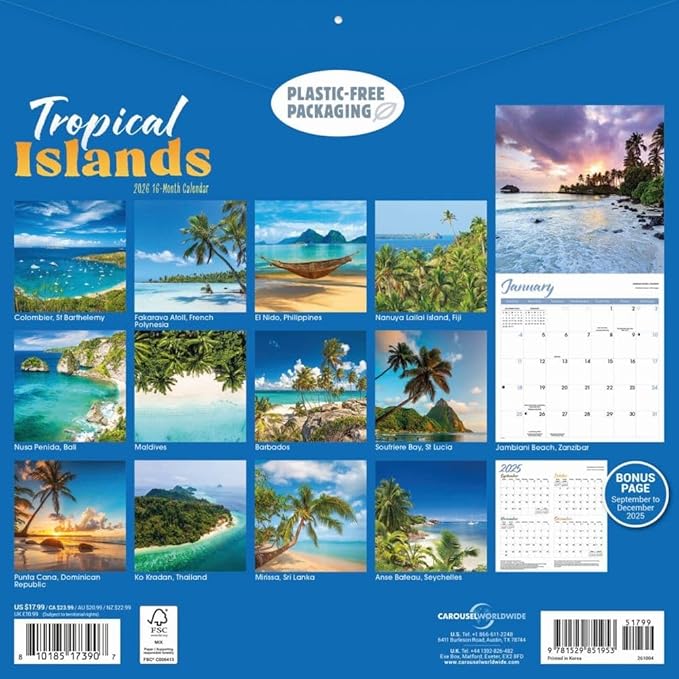 Carousel Calendars, Tropical Islands 2026 Wall Calendar, 12'' X 12'', 16-Month Calendar with Stapled Binding