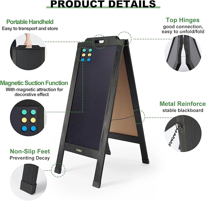 Magnetic Sandwich A-Frame Chalkboard Sign - 40 x 20 Inches, Black Large Wooden Chalk Board for Sidewalk, Stand up Double-Sided Outdoor Easel Display for Restaurant Cafe Shop Wedding Party or Business