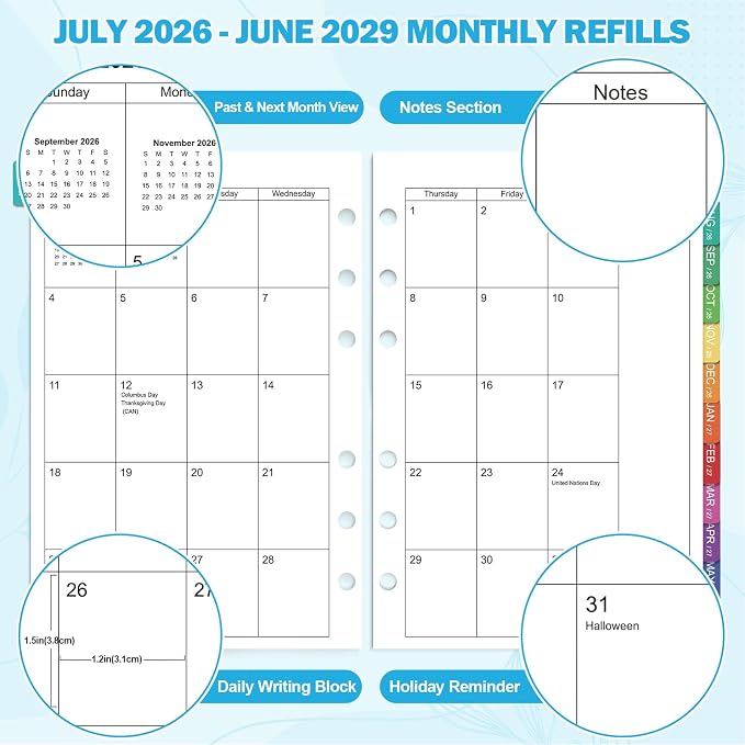 2026-2029 Monthly Planner Refills: 36 Months A5 Planner Inserts for 6-Ring Binder, Runs from July 2026 to June 2029, 6-Hole Punched Calendar Inserts 2026-2029 with Tabs, 5-3/4" x 8-1/4"