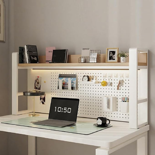 Desk Shelf Organizer for Top of Desk – Desktop Bookshelf with Pegboard & Storage Accessories, Adjustable Hutch for Dorm or Office, Steel Frame Display S White frame + natural wood board 37.4*9.8*26in