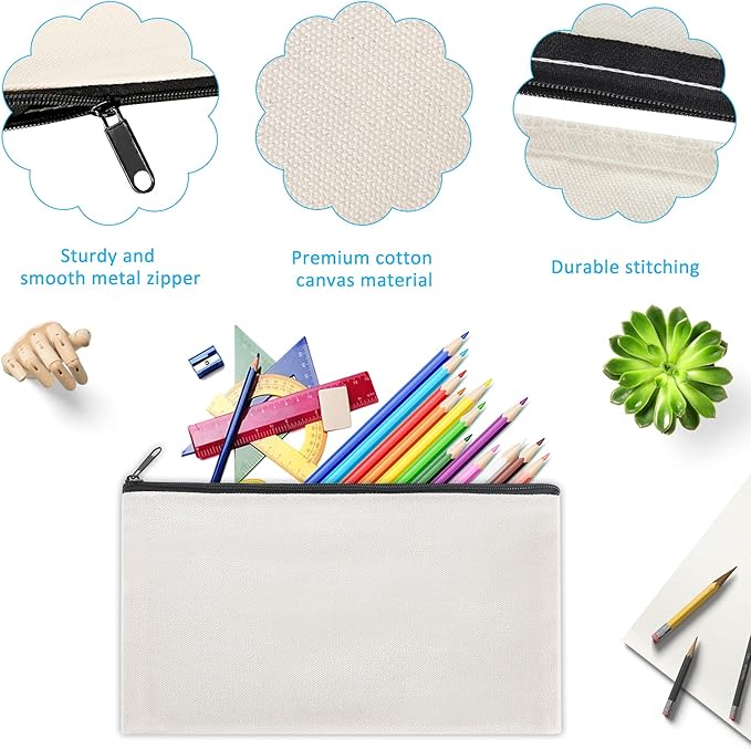 12 Pieces Cotton Canvas Makeup Bag, Multipurpose Cosmetic Bag with Zipper Travel Toiletry Pouch, Blank DIY Craft Bag (Grey, XL)