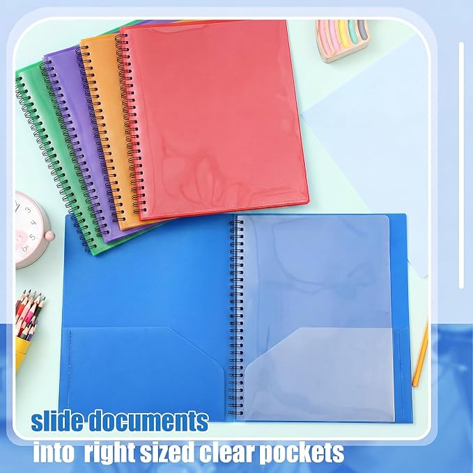 Seajan 6 Pcs 10 Pocket Folder Colorful Sturdy Plastic Spiral Portfolio Multi Pocket Folder Organizer Document Folders Plastic Spiral Project Organizer for School Office