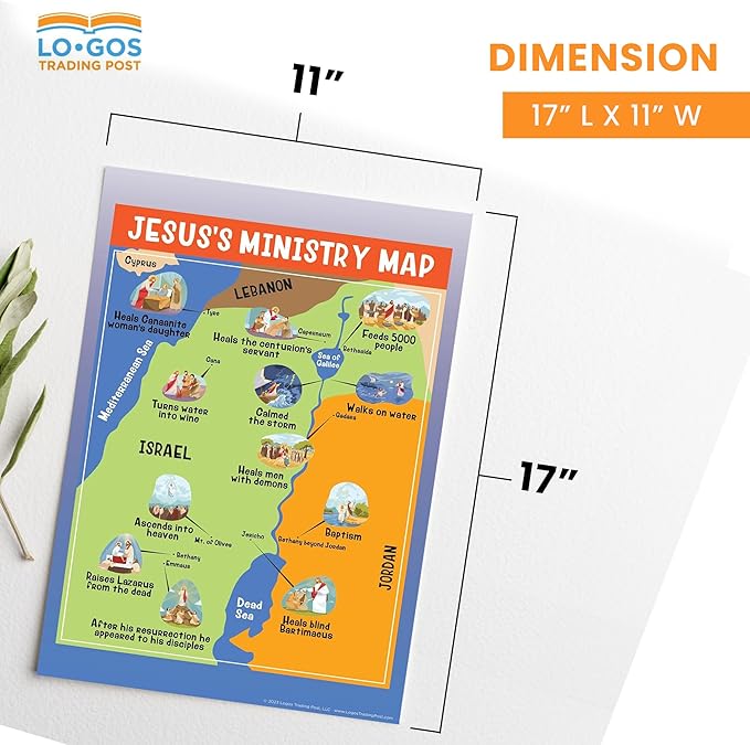 Bible Posters For Kids - Jesus Ministry Map, 11"x17" Laminated Sunday School Posters For Christian Classroom Decor, Sunday School Decorations For Classroom & Church Nursery Decor