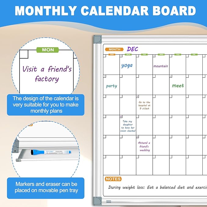 Calendar Whiteboard for Wall, 2 Month Calendar Dry Erase Board 36 X 24 Inch, Silver Aluminum Frame Hanging or Wall Mount Board with 2 Eraser, 8 Marker, 12 Magnet