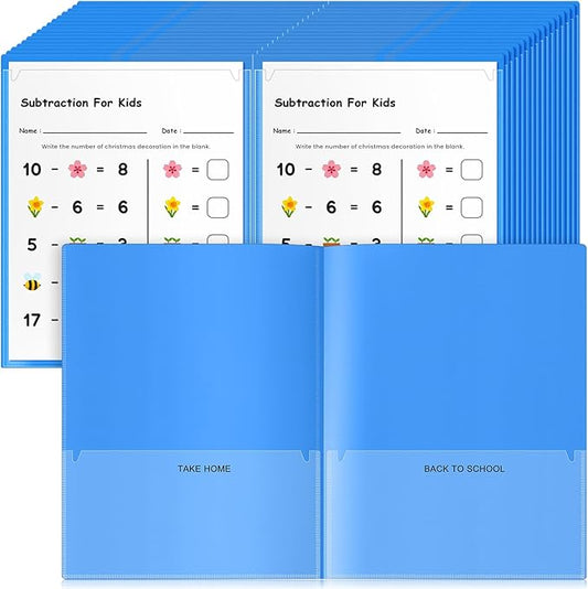 Henoyso 48 Pcs Take Home Folder Heavy Duty 2 Clear Front Pockets and 2 Inside Pockets Homework Folders for School Students Parent Teacher Classroom Communication (Blue)