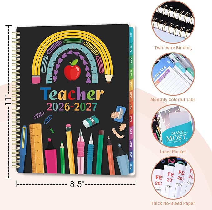 Teacher Planner 2026-2027 - Academic Planner Teacher Lesson Planner 2026-2027, July 2026 - June 2027, 8.5" x 11", Lesson Plan Book, Weekly & Monthly Lesson Calendar with with Colorful Laminated Tabs, Quotes, Inner Pocket