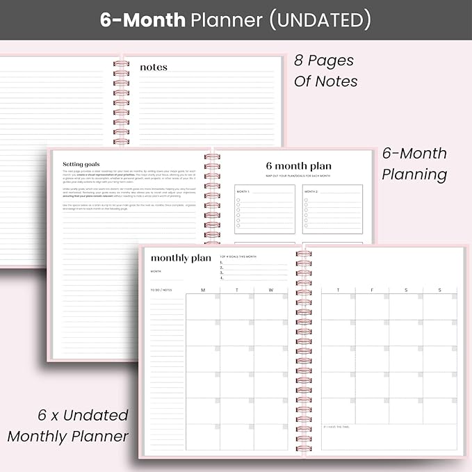 Undated Daily Planner | 2026 Calendar | Large Daily and Monthly Planner with Hourly Schedule, 8.5" x 11" | 6 Month, Full Page a Day, To do List, Time Blocking, Pink Aesthetic Hardcover Spiral Notebook