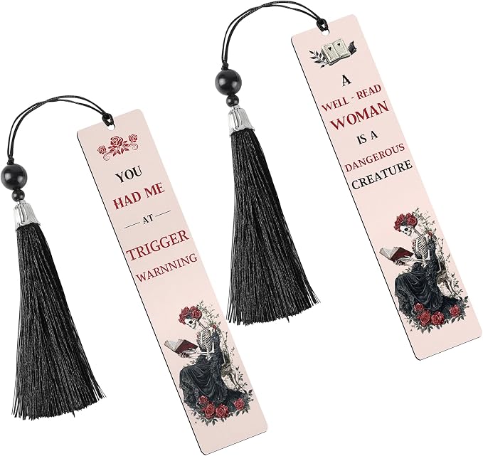 Dark Romance Merch Bookmark - Inspirational Reading List Book Mark Funny Personalized Unique Skeleton Rose Aesthetic Metal Page Maker Tassel Gift for Women Adults Bookish Bookworm Birthday