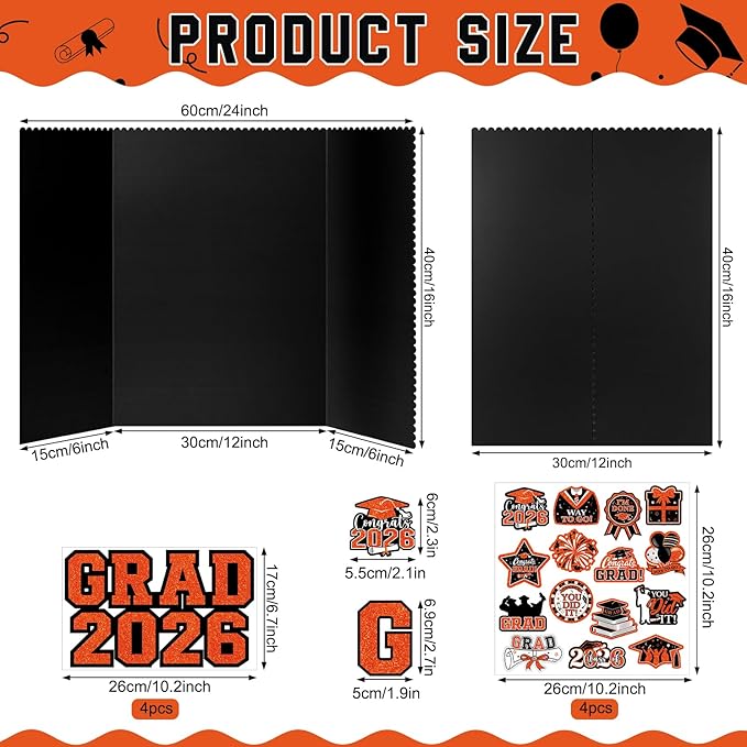 4 Set Graduation Photo Display Board, Class of 2026 Black Orange Trifold Poster Board with Grad Pattern Stickers, Graduation Photo Props Collage for Multiple Pictures Party Decorations, 16x24 Inch