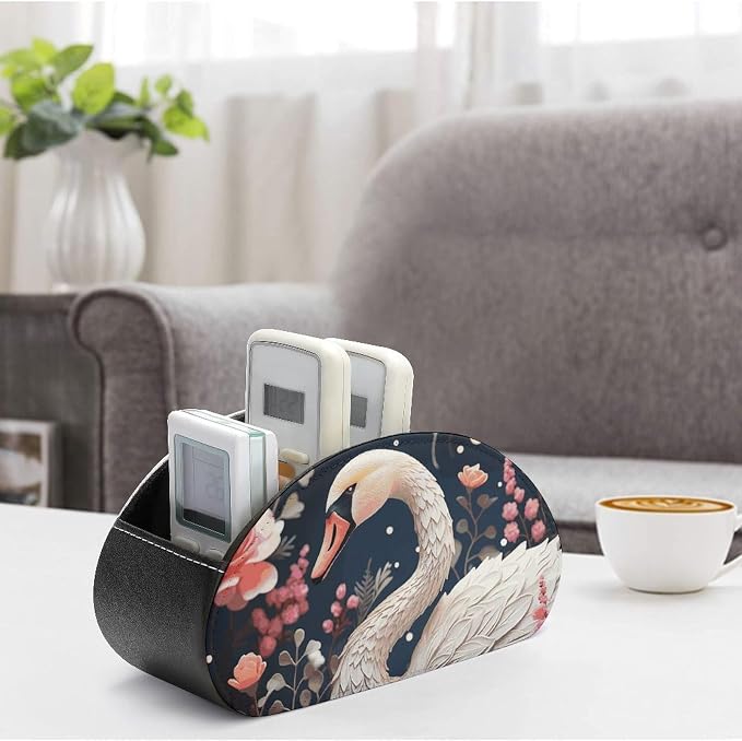 Floral Swan Remote Control Holder TV Remote Caddy with 5 Compartments PU Leather Storage Box Stylish Desk Organizer for TV/DVD/Accessories Desk Office Supplies Home