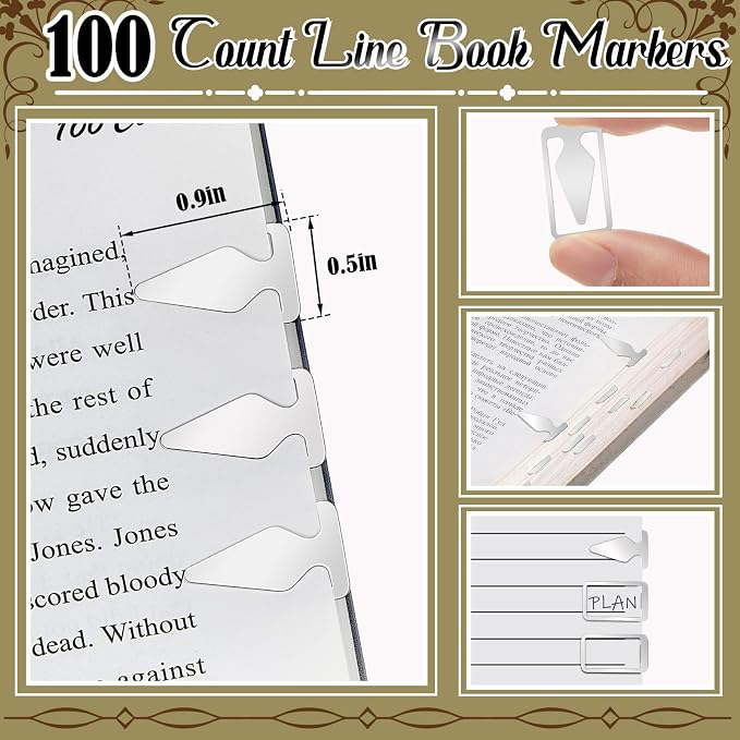 Spakon 100 Count Tin Mixed Metals Book Line Markers Arrow Bookmarks and Page Markers for Reading Teachers Students Book Lovers School and Work(Silver)