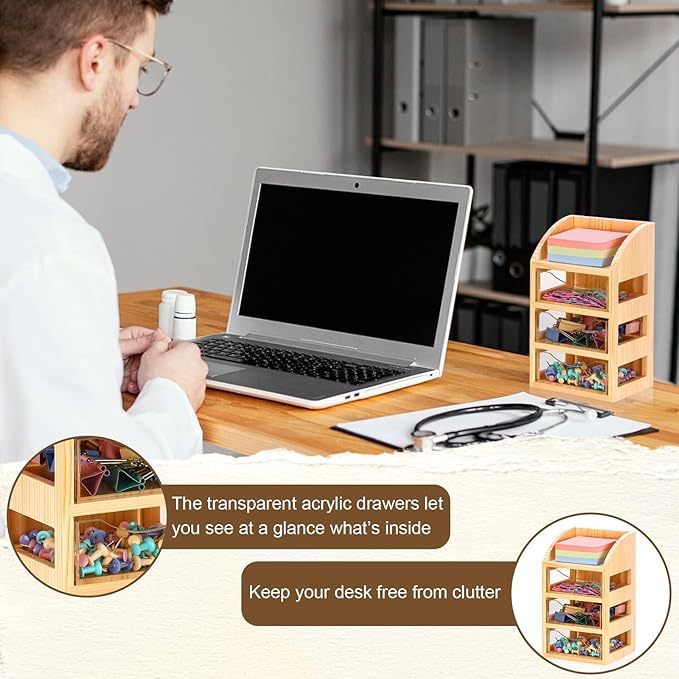 3 Drawer Desktop Accessory Storage Drawers Clear Desktop Organizer with Drawers Small Desk Organizer with Drawer Paper Clip and Binder Holder Wood Acrylic Sticky Note Holder 4.53"L x 4.1"W x 7.7"H