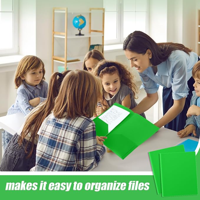 Gueevin 100 Pack Plastic Folder with Pockets, 2 Pocket Folders, Plastic Glossy Folders Fit Letter Size Paper, Heavy Duty Durable File Folder with Business Card for Home Office School (Fresh Green)