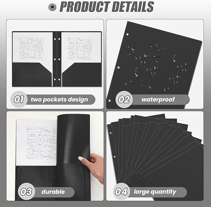 Yeaqee 50 Pcs Plastic Folders with Pockets Bulk 3 Hole Punched 2 Pocket File Folders for 3 Ring Binder Divider Folder for Notebooks, Durable Poly for Office Home (Black)