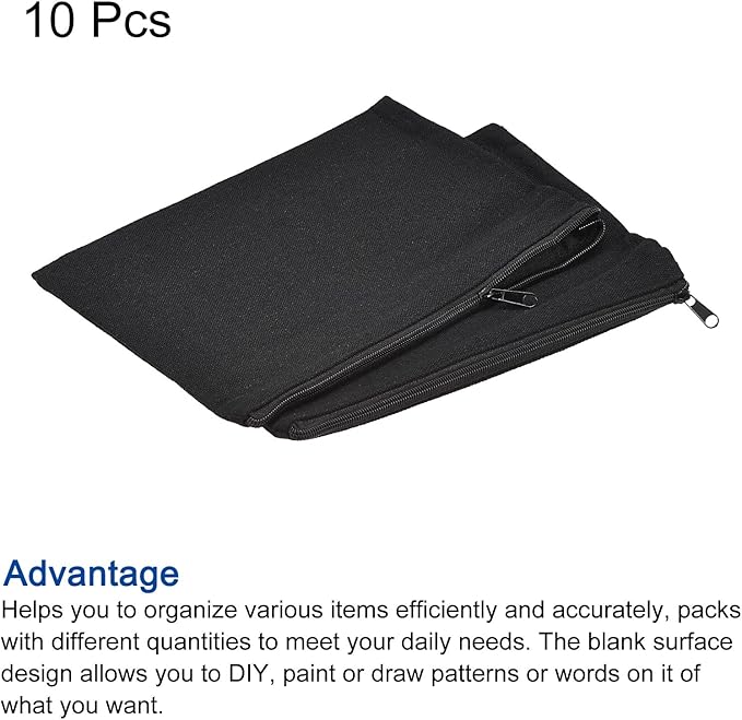 PATIKIL Canvas Zipper Pouch, 10 Pack Blank DIY Bags Craft Pencil Case Organizer Pockets for Travel Storage Accessory, Plain Black